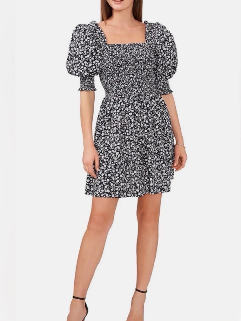 1.STATE Blouson Sleeve Square Neck Floral Smocked Dress